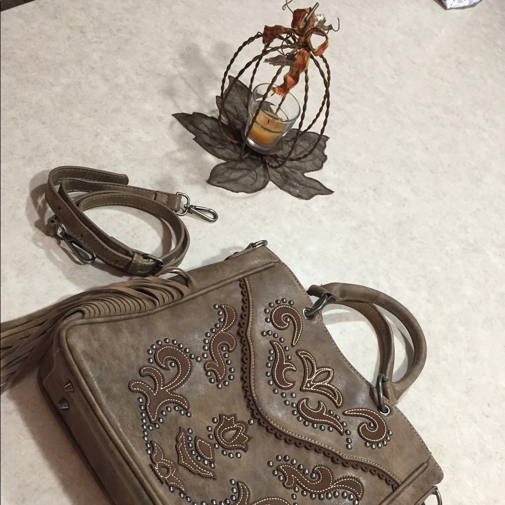 Taupe Purse, metal details, long strap.  Used once